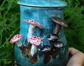 Hand Crafted Mushroom Jar: Blue Tones, Herb Storage (32oz)