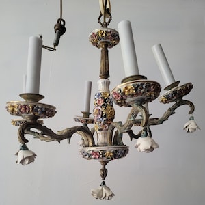 Antique Vintage Italian Capodimonte Porcelain Chandelier, Multi-Colored Floral, 6 Arms