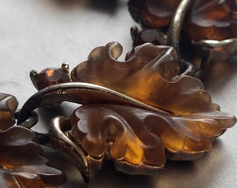 Vintage Lisner Designer Necklace, Lucite + Rhinestone Oak Leaves