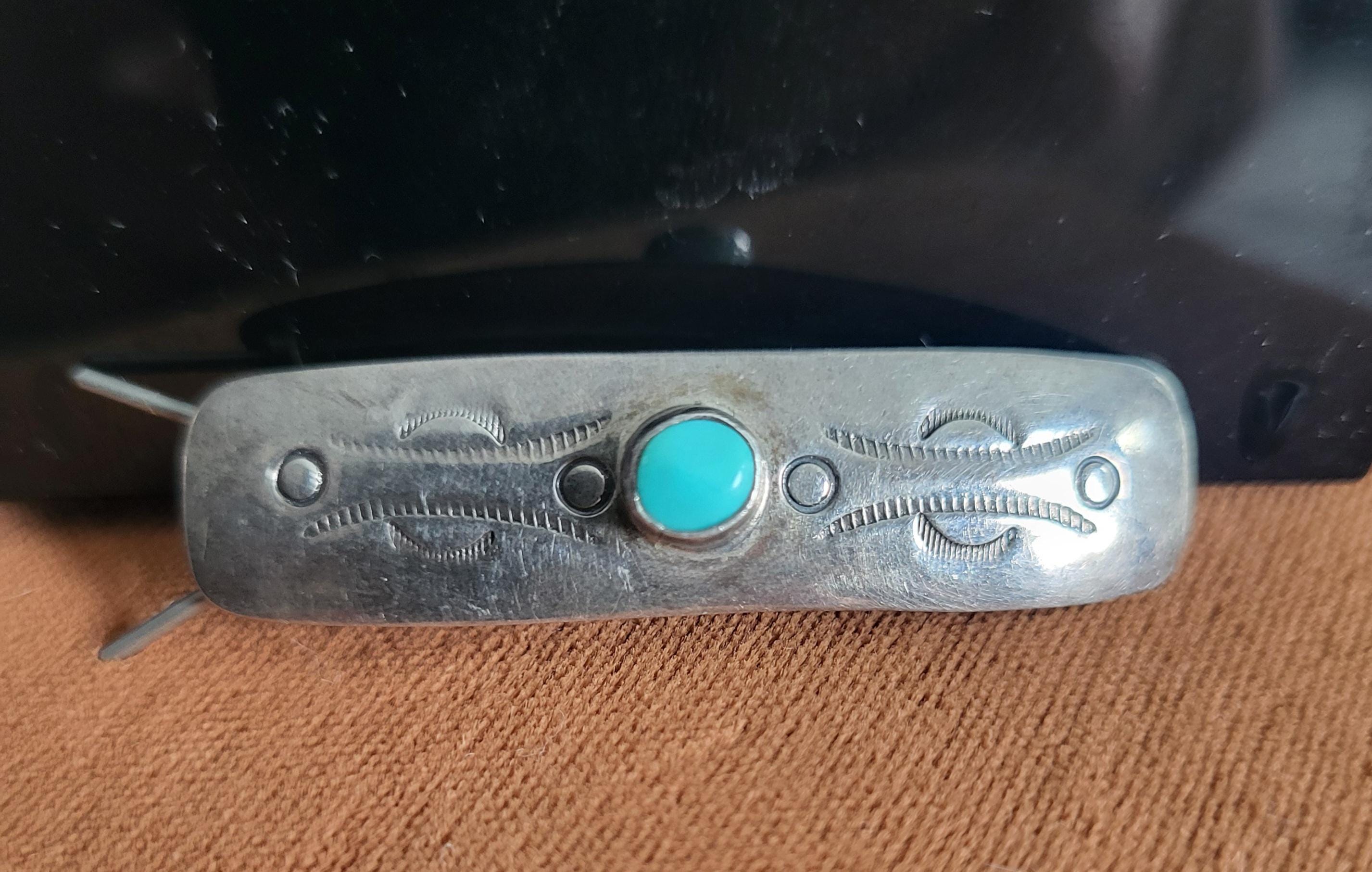Navajo Hair Barrette Turquoise 4in Large Handmade Stamped Sterling Ornament Clip Navajo Real Turquoise 925 SOLID SILVER Hand Stamped 12mm  main image 4