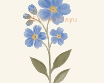 Könnte beinhalten: Aquarell-Illustration einer Vergissmeinnicht-Blume. Die Blume hat hellblaue Blütenblätter mit gelben Zentren und befindet sich auf einem grünen Stiel mit grünen Blättern. Der Hintergrund ist cremefarben. Der Text "ZEN Living Designs" befindet sich oben rechts.