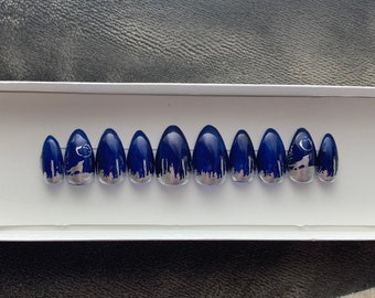 Halloween Blue and Silver Wolf and Tree Line Press-On Nails, Gel Acrylic Nails