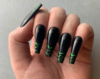 Halloween Black and Neon Glitter Bat Nails, Gel Acrylic Press-On Nails