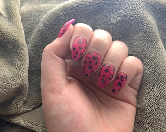 Halloween Pink and Black Spider Press-On Nails, Gel Acrylic Nails
