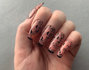 Halloween Pink and Black Pumpkins and Bats Press-On Nails, Gel Acrylic Nails