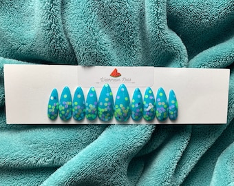 Blue Teal Glitter Mermaid Long Almond Stiletto Press-On Nails, Gel Acrylic Nails