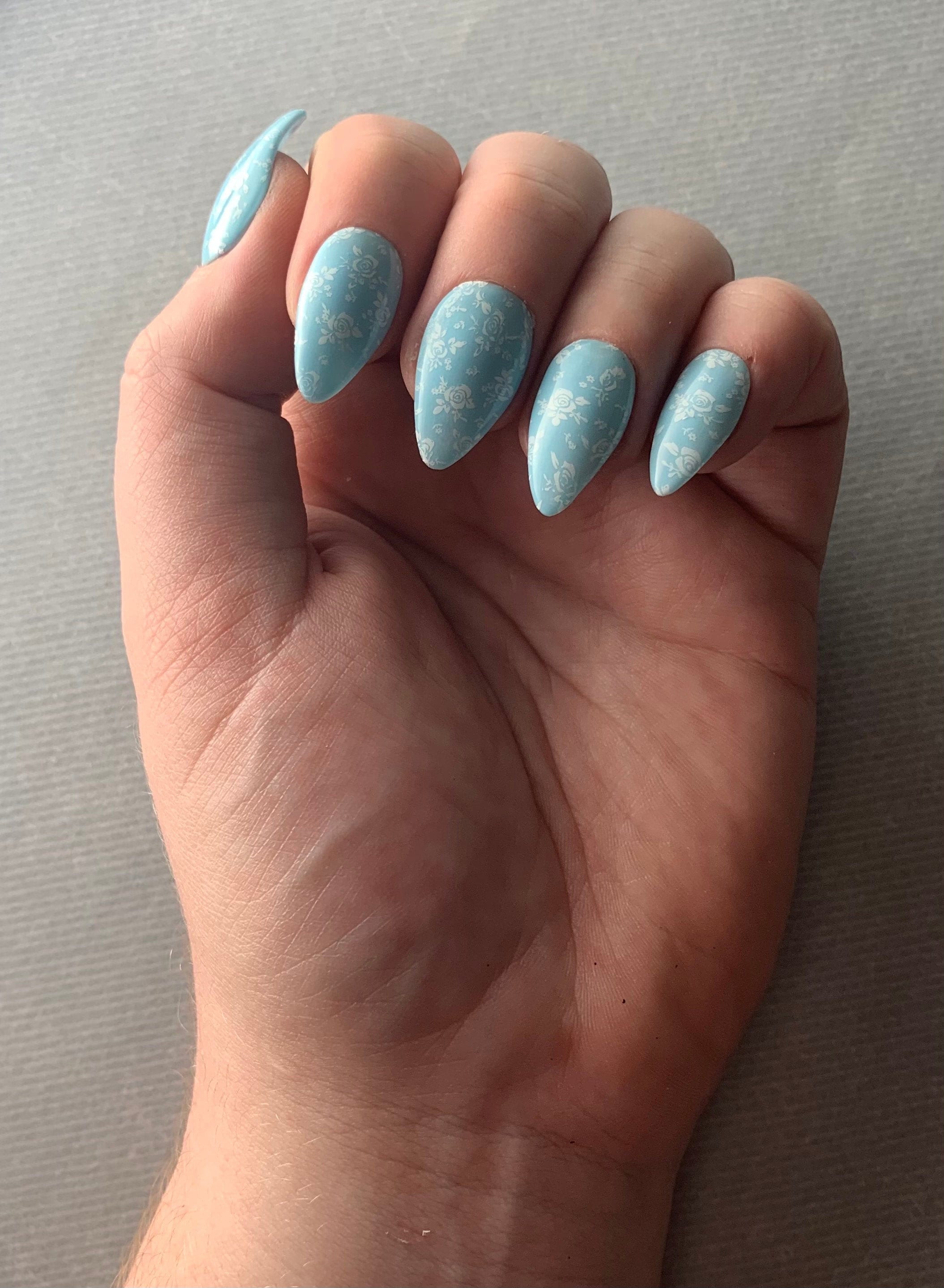 Baby Blue And White Roses Press On Nails Gel Acrylic Nails Etsy