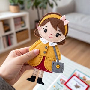 以下が含まれることがあります： 茶色の髪、黄色のコート、赤いドレスを着た手作りのフェルト人形。人形は小さなピンクのリボン、グレーのハンドバッグ、黒い靴を持っています。人形はステッチのディテールと笑顔でデザインされています。