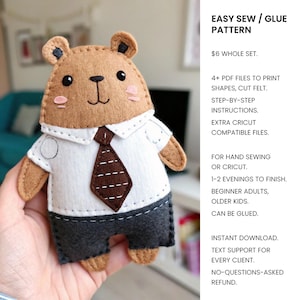 May include: A felt bear plushie wearing a white collared shirt, a brown tie with white stitching, and dark gray pants. The bear has black eyes, a stitched nose, and pink cheeks. Text on the right reads: EASY SEW / GLUE PATTERN, 4+ PDF FILES, STEP-BY-STEP INSTRUCTIONS.