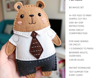 May include: A felt bear plushie wearing a white collared shirt, a brown tie with white stitching, and dark grey trousers. The bear has black eyes, a stitched nose, and pink cheeks. Text on the right reads: EASY SEW / GLUE PATTERN, 4+ PDF FILES, STEP-BY-STEP INSTRUCTIONS.