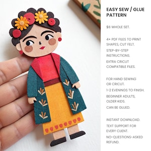 Peut inclure: Un patron de feutrine représentant une figurine stylisée avec des cheveux foncés, des fleurs jaunes, un haut rouge, une jupe jaune et un manteau bleu sarcelle. Le texte indique : EASY SEW / GLUE PATTERN, 4+ PDF FILES TO PRINT SHAPES, CUT FELT, STEP-BY-STEP INSTRUCTIONS, EXTRA CRICUT COMPATIBLE FILES.