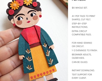 May include: A felt craft pattern featuring a stylized figure with dark hair, yellow flowers, a red top, a yellow skirt, and a dark teal coat. The text reads: EASY SEW / GLUE PATTERN, 4+ PDF FILES TO PRINT SHAPES, CUT FELT, STEP-BY-STEP INSTRUCTIONS, EXTRA CRICUT COMPATIBLE FILES.