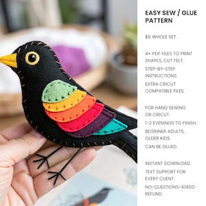 Op de afbeelding: Een zwarte vogel van vilt met een gele snavel, een rond oog en gelaagde vleugelveren in groen, oranje, rood, paars en talingblauw. De vogel heeft zichtbare stiksels en dunne zwarte draadpoten. Tekst: EASY SEW / GLUE PATTERN, 4+ PDF FILES, STEP-BY-STEP INSTRUCTIONS.