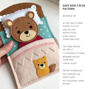 May include: A felt craft project featuring a brown bear head on a white pillow and a smaller yellow bear on a beige blanket. The text reads EASY SEW / GLUE PATTERN, 4+ PDF FILES TO PRINT SHAPES, CUT FELT, STEP-BY-STEP INSTRUCTIONS, EXTRA CRICUT COMPATIBLE FILES.