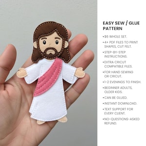 May include: A felt craft pattern featuring a figure with brown hair and a beard, wearing a white robe with a pink sash. The text reads: EASY SEW / GLUE PATTERN, 4+ PDF FILES TO PRINT SHAPES, CUT FELT, STEP-BY-STEP INSTRUCTIONS, EXTRA CRICUT COMPATIBLE FILES.