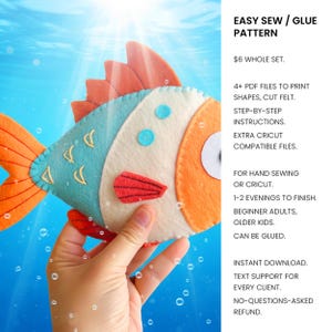 May include: A felt fish craft project featuring an orange head and tail, a teal body with embroidered details, and orange fins. The text reads: EASY SEW / GLUE PATTERN, 4+ PDF FILES TO PRINT SHAPES, CUT FELT, STEP-BY-STEP INSTRUCTIONS, EXTRA CRICUT COMPATIBLE FILES.