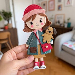 Peut inclure: Poupée en feutre faite à la main représentant une fille portant un chapeau rouge, un manteau bleu-vert et une jupe jaune, tenant un petit chien. La poupée a un sac à main rouge et des bottes rouges. La poupée mesure environ 13 cm de haut.