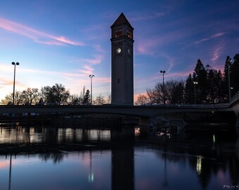 Clock Tower -Spokane Photos  --Photography Prints -Landscape Prints - -Washington Artist -Sunset -Spokane River