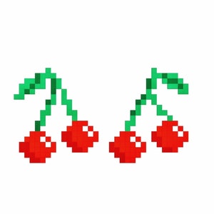 Peut inclure: Illustration de pixel art de trois cerises rouges avec des tiges et des feuilles vertes.