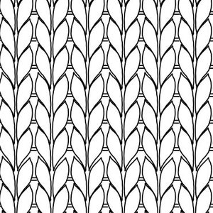 May include: Black and white seamless pattern of repeating leaf shapes. The leaves are arranged in a vertical pattern, creating a woven effect.