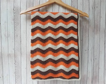 Crochet Ripple Blanket - Orange, Beige & Brown - Finished Blanket - Pram Blanket