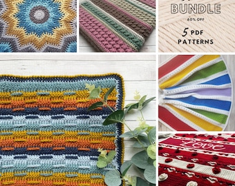 Puede incluir: Una colección de cinco patrones de mantas de ganchillo. Los patrones incluyen una manta de rayas de colores, un diseño de estrella, una manta de rayas de arcoíris, una manta con un diseño de corazón y una manta con un patrón geométrico. El texto "The Blanket Bundle 60% Off 5 PDF Patterns" se muestra sobre un fondo blanco.