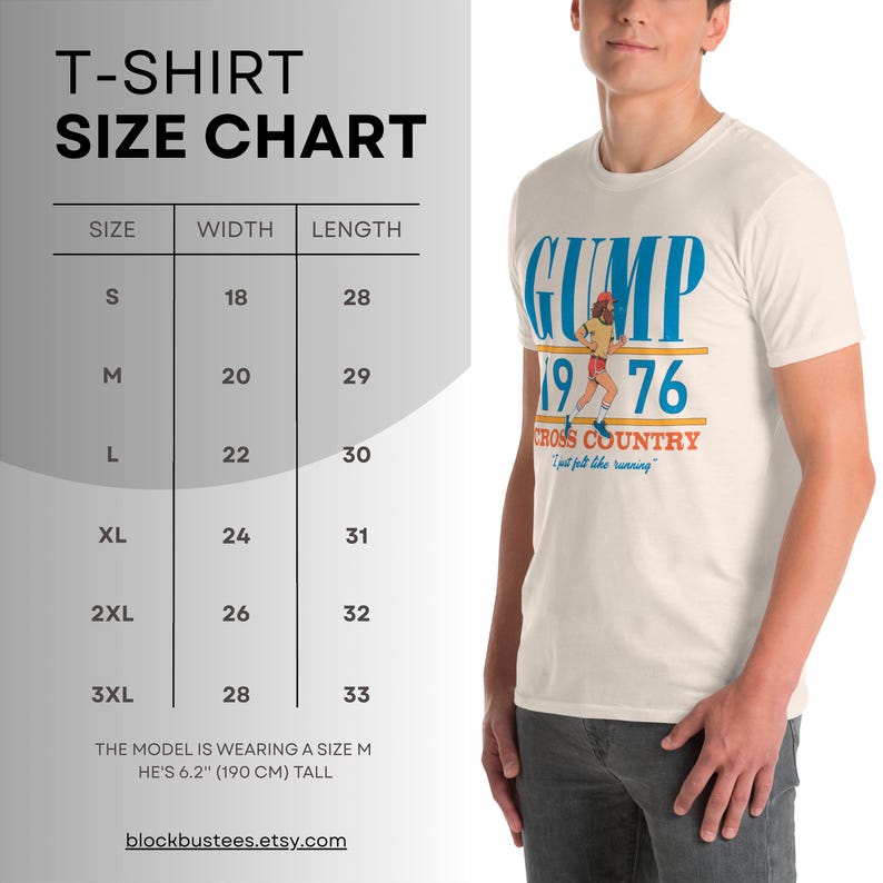 Puede incluir: Una camiseta de manga corta color crema con un gr&aacute;fico de un corredor y el texto GUMP 1976 CROSS COUNTRY e I just felt like running. Junto a la camiseta hay una tabla de tallas T-SHIRT SIZE CHART con medidas de S a 3XL en pulgadas.