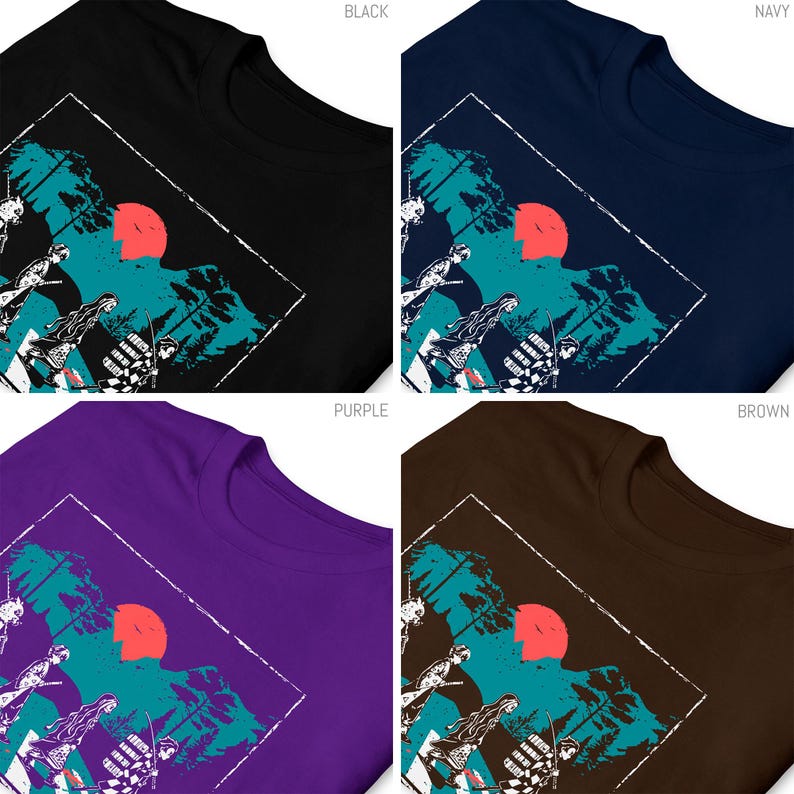 May include: Four t-shirts in black, navy, purple, and brown, each featuring a graphic design. The design includes a red sun, teal trees, and figures in a white outlined square. The shirts are made of a soft material.