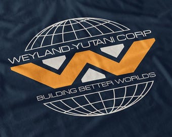 Camiseta "Building Better Worlds" de Weyland Yutani Corp., inspirada en películas retro de ciencia ficción.