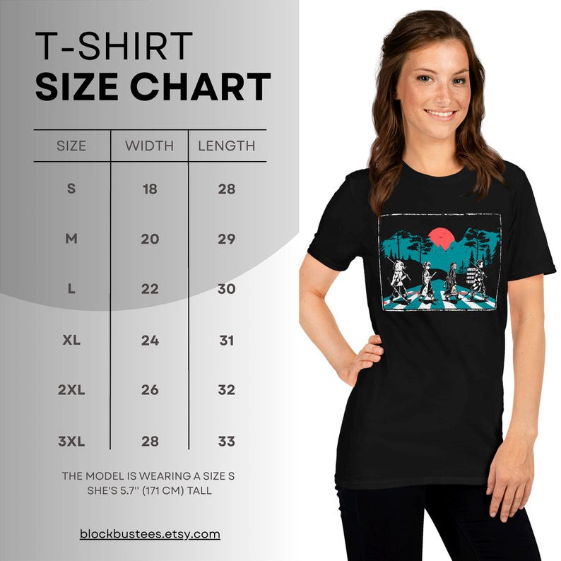 May include: Black t-shirt with a graphic of figures crossing a street, a red sun, and trees. A size chart shows measurements in inches for width and length. The model is wearing a size S and is 5'7" tall.