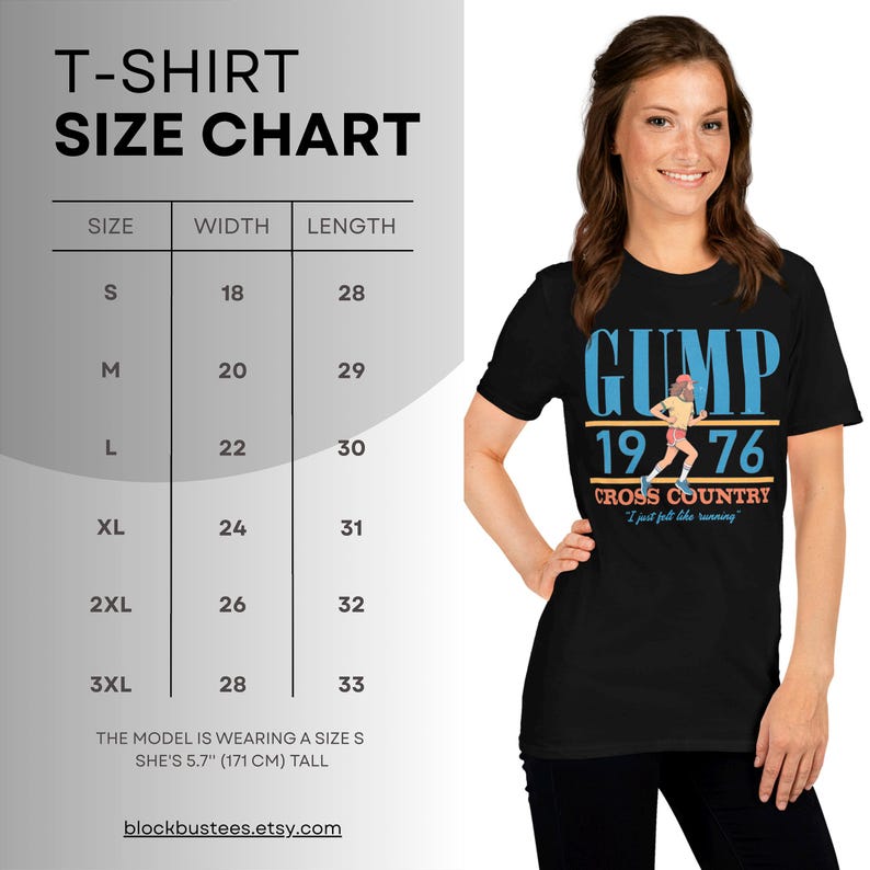 Puede incluir: Una camiseta negra de manga corta con un gr&aacute;fico de un corredor y el texto GUMP 1976 CROSS COUNTRY e I just felt like running. Junto a la camiseta hay una tabla de tallas de la S a la 3XL con ancho y largo en pulgadas.