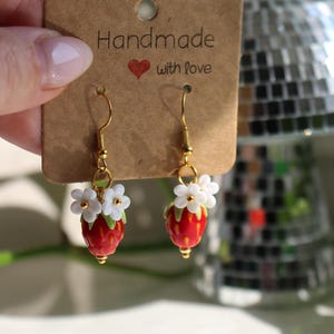 Red Strawberry Glass Earrings, Fruit Earrings, Strawberry Jewelry, Glass Drop Earrings, Gift for Girl, Summer Earrings