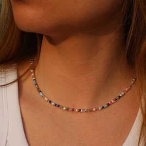Colorful beaded necklace, Summer multi color seed bead choker, Minimal jewelry, Gift for Girl, Boho necklace with adjustable length