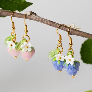 Raspberry earrings, Fruit earrings, Food earrings, Berry earrings, Fruit jewelry, Lampwork glass raspberry jewelry, Gift for Her