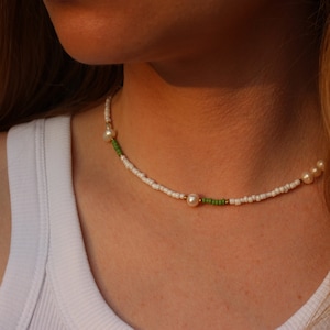 Boho Beaded Necklace with Freshwater Pearl, Seed Bead Choker, Minimal Jewellery, Jewelry Gift for Girl, Handmade Summer Necklace