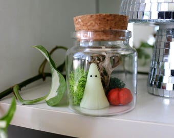 Glow in the Dark Ghost Figurine, Halloween Decor, Mini Ghost in Glass Jar, Spooky Gift, Cute Halloween Decoration