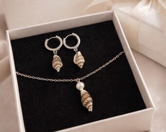 Seashell Jewelry Set, Shell Necklace or Earrings, Pearl Pendant Necklace, Beach Jewelry, Ocean Inspired Jewelry, Coastal Gift