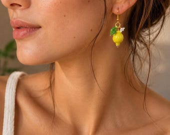 Glass Lemon Earrings, Fruit Earrings, Lemon Drop Earrings, Fruit Earrings, Cute Kawaii Earrings, Summer Earrings, Gift for Women