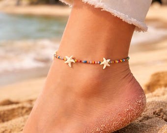 Colorful Beaded Starfish Anklet, Handmade Summer Beach Anklet, Boho Foot Jewelry, Adjustable Anklet Gift for Women
