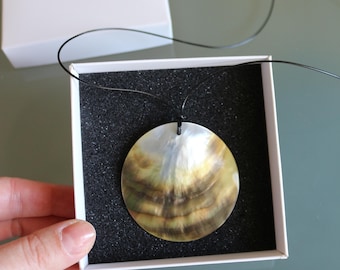 Large Mother of Pearl Pendant Necklace, Handmade Round Natural Shell Necklace, Minimalist Statement Jewelry, Adjustable Cord Necklace