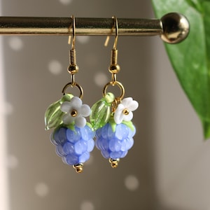 Raspberry earrings with leafs & flowers, Fruit earrings, Food earrings, Berry earrings, Fruit jewelry, Glass raspberry jewelry, Gift for Her