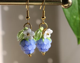 Raspberry earrings with leafs & flowers, Fruit earrings, Food earrings, Berry earrings, Fruit jewelry, Glass raspberry jewelry, Gift for Her