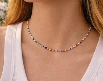 Colorful beaded necklace, Summer multi color seed bead choker, Minimal jewelry, Gift for Girl, Boho necklace with adjustable length