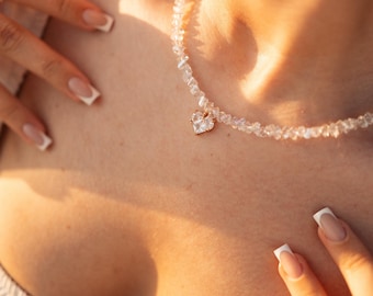 Crystal Necklace with Heart Pendant, Dangle Heart Earrings, Wedding necklace