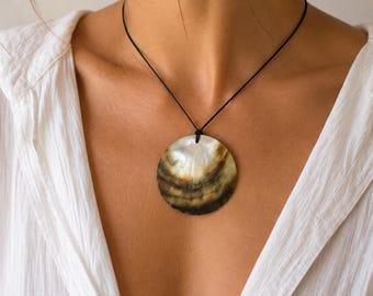 Large Mother of Pearl Pendant Necklace, Handmade Round Natural Shell Necklace, Minimalist Statement Jewelry, Adjustable Cord Necklace