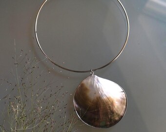 Mother of Pearl Statement Necklace Large Shell Pendant Handmade Collar Necklace Stainless Steel Coastal Jewelry