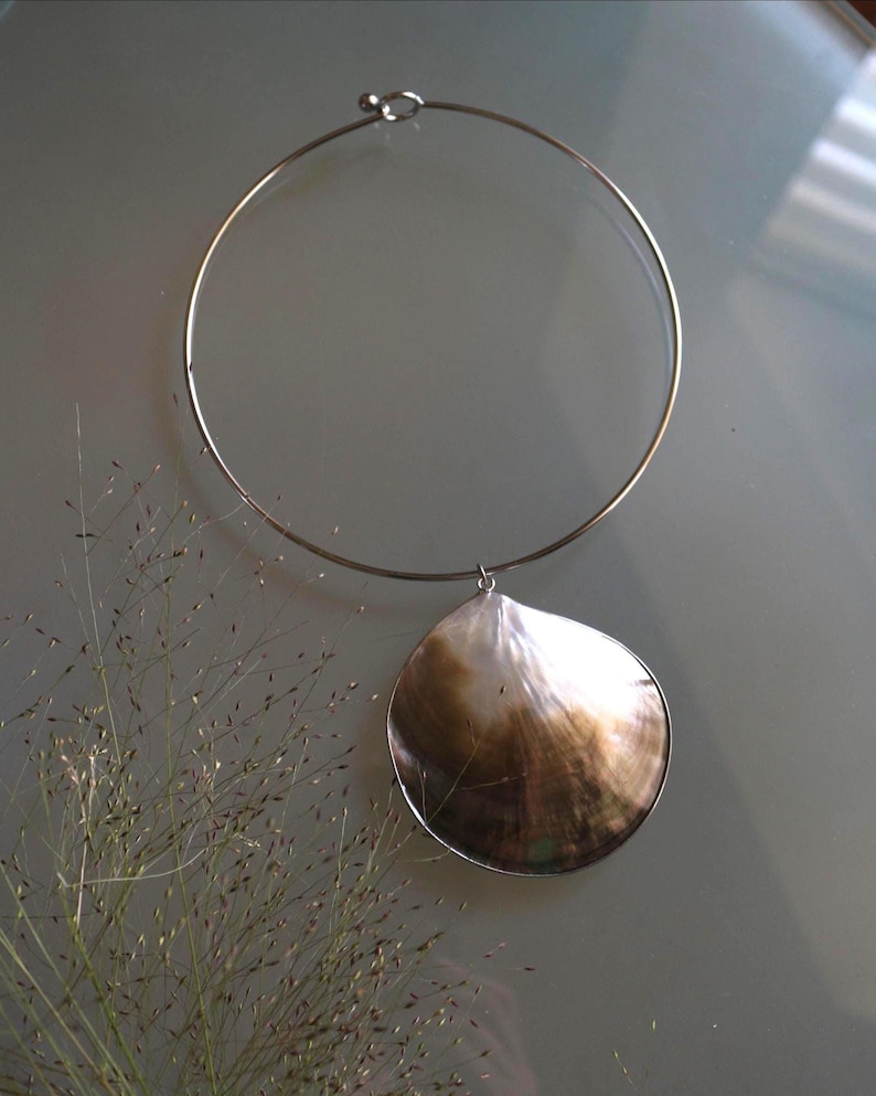 Mother of Pearl Statement Necklace Large Shell Pendant Handmade Collar Necklace Stainless Steel Coastal Jewelry image 1