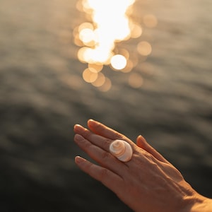 May include: A ring featuring a smooth, spiraled, off-white seashell as the central focal point. The shell has a polished, rounded surface with subtle beige and cream color variations, securely mounted on a band worn on the ring finger.