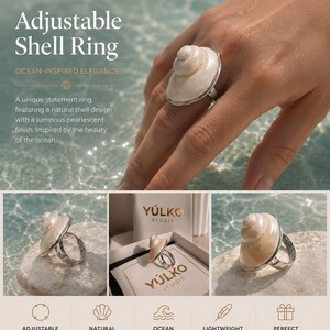 May include: An adjustable ring featuring a natural, spiraled, pearlescent shell mounted on a silver-toned metal band. The shell has a smooth, cream-colored surface with subtle tan gradients. The ring is displayed in a white box labeled YULKO studio.