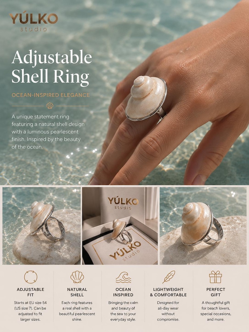 May include: An adjustable ring featuring a natural, spiraled, pearlescent shell mounted on a silver-toned metal band. The shell has a smooth, cream-colored surface with subtle tan gradients. The ring is displayed in a white box labeled YULKO studio.